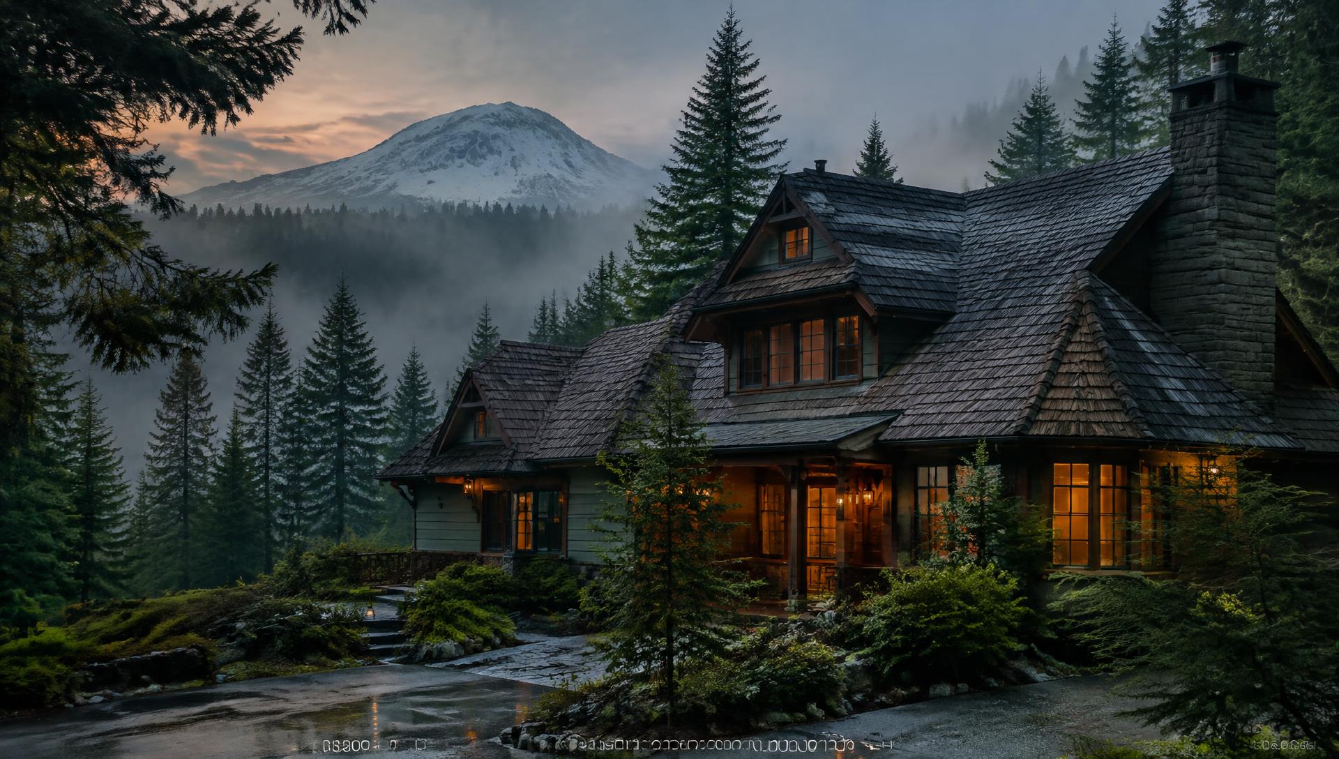 Pacific Northwest home with cedar roof among evergreens